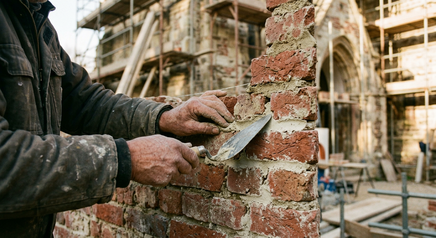 Handwerker bei der Restaurierung des Mauerwerks